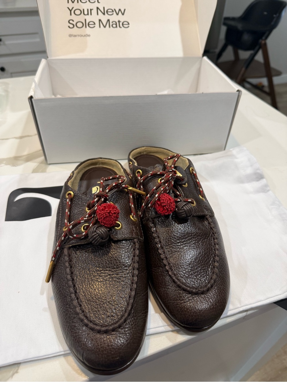 Larroude Dark Brown Leather Mules with Red Tassel Accents - Picture 2 of 6